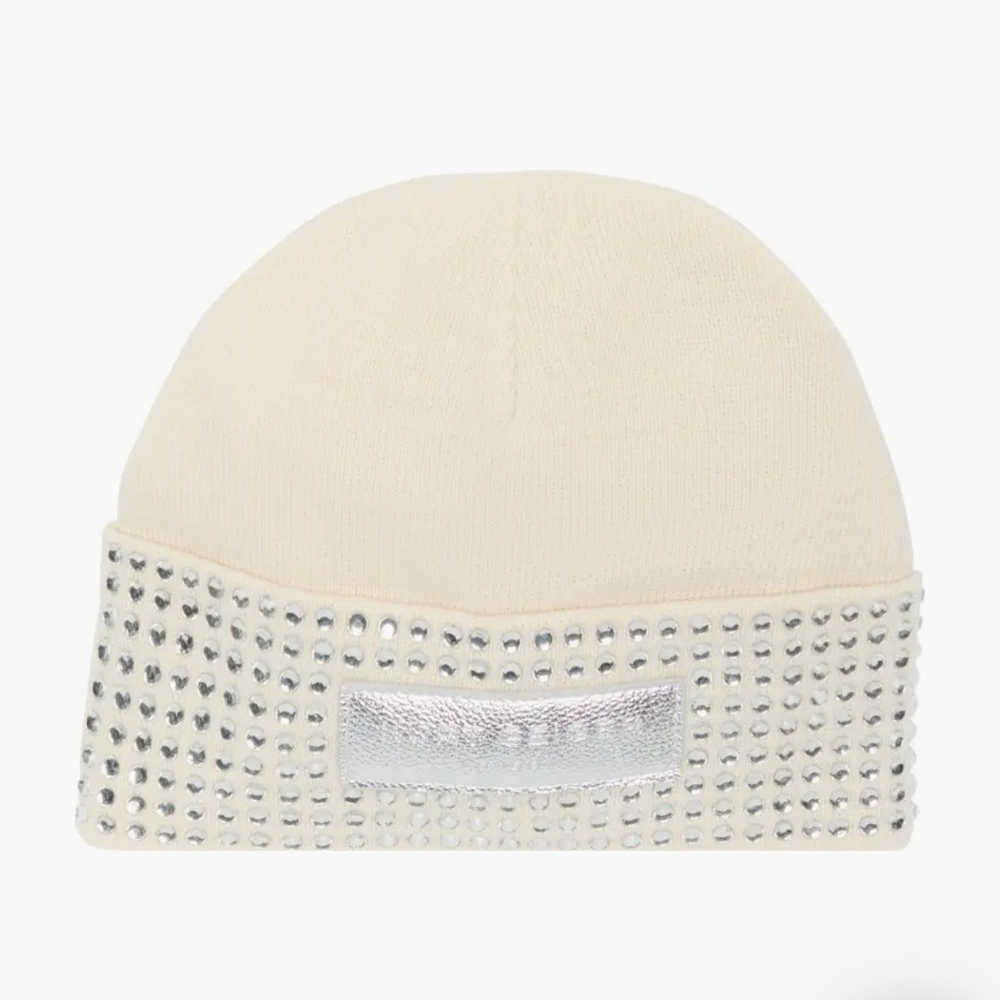 Kurt Geiger Studded Logo Patch Beanie In Bone, NWT